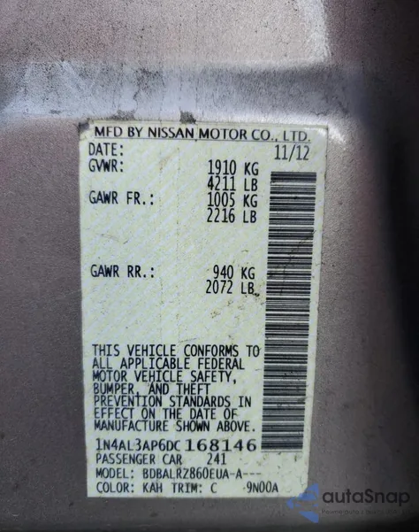 2013 Nissan Altima 2.5 из США, поврежденный, VIN 1N4AL3AP6DC168146